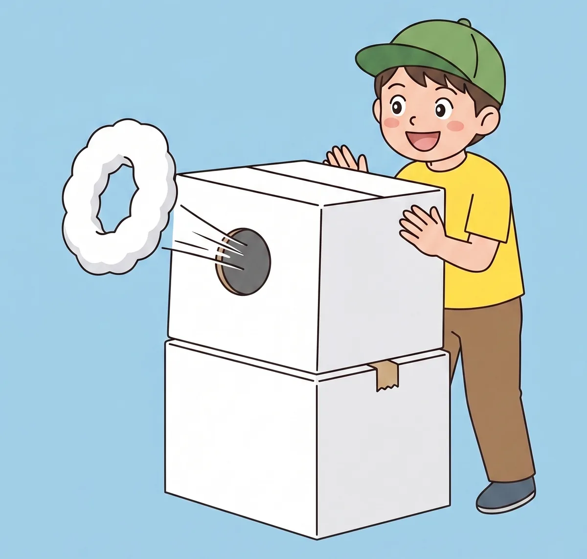 空気砲から飛び出す空気のわっか。特別企画の案内イラスト